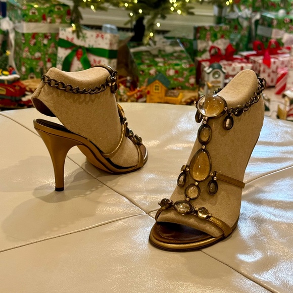 Giuseppe Zanotti Vicini Gold Jeweled Brown Leather Mule Sandals Heels - Picture 2 of 7